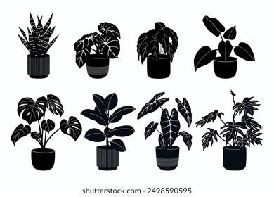 Silhouettes of different houseplants in pots. Indoor plants for home decoration. Hand drawn vector illustration isolated on white background, flat cartoon style.