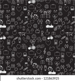 silhouettes of different icons over black  background