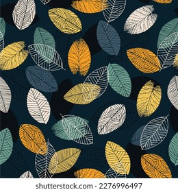 Silhouettes of different leaves seamless pattern. Vector hand drawn illustration in simple scandinavian doodle cartoon style. 