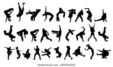 Silhouettes of different men, women dancers in freestyle break-dance movement. Breakdance, hip-hop , street style, sport dance poses. Vector black monochrome illustration isolated on white background.