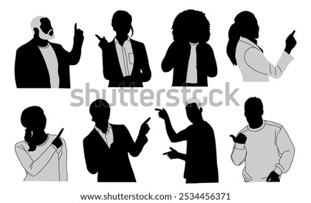 Silhouettes of different People pointing to the side and up with fingers. Diverse Men, women showing with hands, gesturing. Vector Characters for the presentation of goods or services