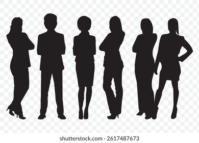 Silhouettes of different People Rear View vector Vector silhouettes of men and a women, a group of standing business people, black color isolated on Transparent background. EPS 10.