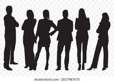 Silhouettes of different People Rear View vector Vector silhouettes of men and a women, a group of standing business people, black color isolated on Transparent background. EPS 10.
