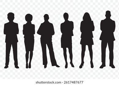 Silhouettes of different People Rear View vector Vector silhouettes of men and a women, a group of standing business people, black color isolated on Transparent background. EPS 10.