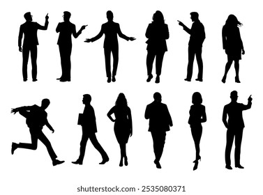  Silhouettes of different People Standing, running, walking Rear, side, front View. Male and Female Characters vector monochrome illustrations, icons Isolated on white Background.