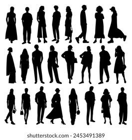 Silhouettes of different People Standing, walking, front, side, back, rear View. Male and Female Characters Black vector monochrome illustrations, icons Isolated on white Background.