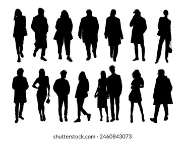 Siluetas de diferentes Personas de pie y caminando delante, lado, Vista trasera. Hombre y mujer, pareja Personajes Vista posterior Vector monocromo ilustraciones, iconos aislados sobre fondo blanco. No es IA