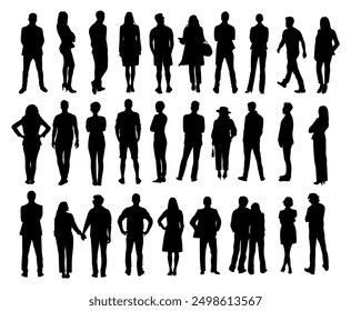 Silhouettes of different People Standing and walking Rear View. Male and Female, couple Characters Back View vector monochrome illustrations, icons Isolated on transparent Background.