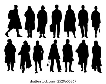 Silhouettes of different People Standing and walking wearing autumn, fall, winter outwear, coats, trench, hats. Flat vector monochrome illustrations, icons Isolated on white Background.