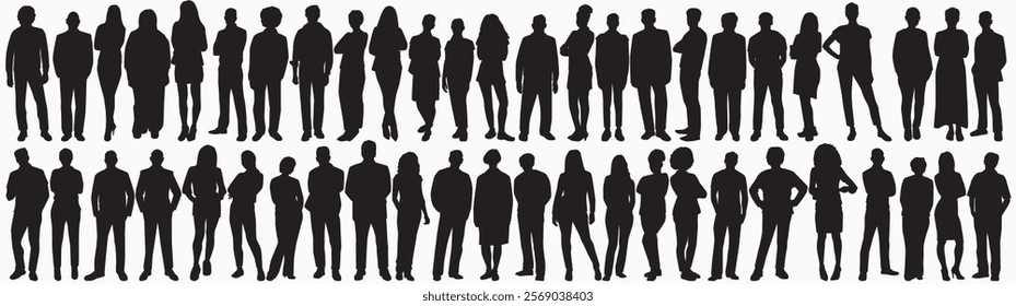 Silhouettes of different People Standing and walking Rear View. Male and Female, couple Characters Back View vector monochrome illustrations. 