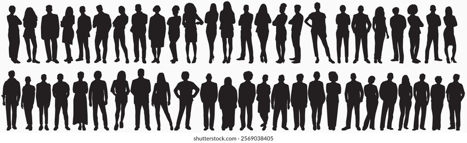 Silhouettes of different People Standing and walking Rear View. Male and Female, couple Characters Back View vector monochrome illustrations. 