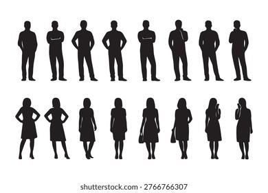 Silhouettes of different People Standing and walking Rear View. Male and Female, couple Characters Back View vector monochrome illustrations, icons Isolated