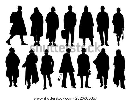 Silhouettes of different People Standing and walking wearing autumn, fall, winter outwear, coats, trench, hats. Flat vector monochrome illustrations, icons Isolated on white Background.