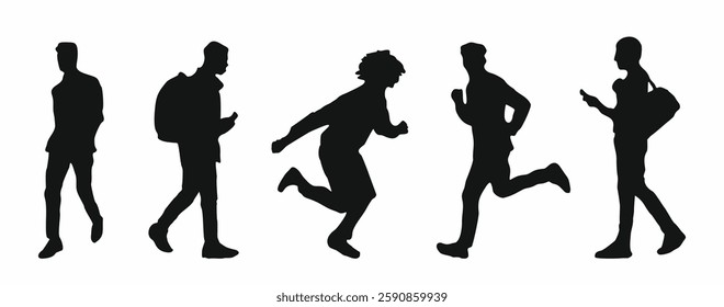 SIlhouettes of different people walking with backpack, bag, phone. Black flat vector illustrations set isolated on white background