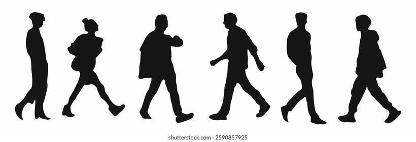 SIlhouettes of different people walking full length side view. Black flat vector illustrations set isolated on white background