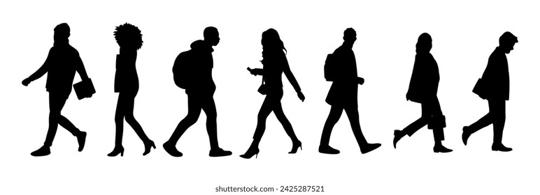 Silhouettes of different People walking side View.