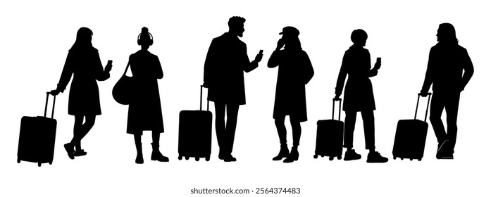  Silhouettes of Different people in warm outwear standing with suitcase, phones, luggage, bags. Business travel concept. Flat vector illustrations isolated on white background