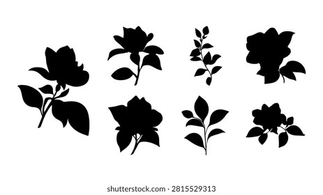 Silhouettes of different rose flowers in black, suitable for artistic, decorative, or design projects requiring floral imagery.