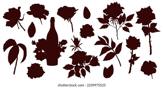 Silhouettes of different roses isolated on white. Roses branches with flower buds. Boutle of wine. Vector collection.