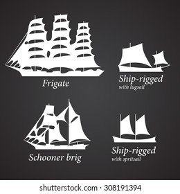 Silhouettes of different Ships in white color. Part 2