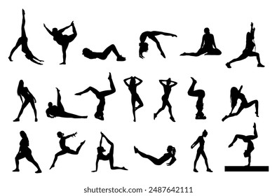 Silhouettes different sportive young women doing fitness, gymnastic, yoga exercises. Healthy lifestyle. Collection of female vector characters in workout positions isolated on white background.