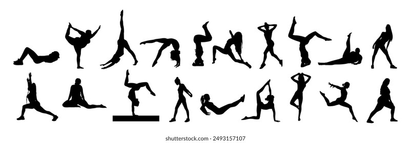 Silhouettes of different sports women performing various sport activities. Set of training, exercising people, workout, yoga, pilates, stretching. Vector black illustrations on white background.