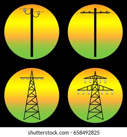 Silhouettes of different supports for high-voltage lines
