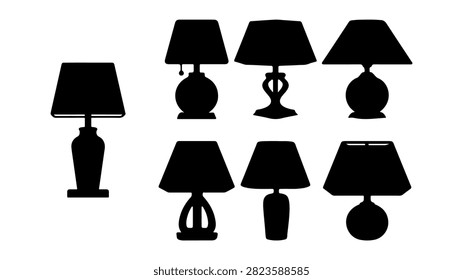 Silhouettes of different table lamps arranged in a pattern, showcasing various shapes and styles in black against a white background.