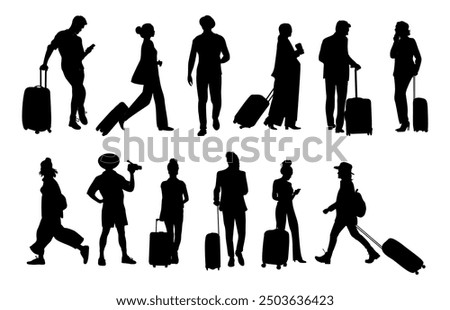 Silhouettes of different tourist Characters, men and women with Suitcases And Bags, camera, coffee cup walking side, front, back, rear view. Concept for Travel and vacation. Black Vector Illustrations