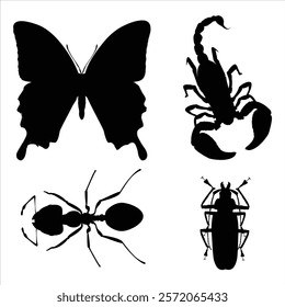 Silhouettes of Different Types of Insects on Leaves and Flowers