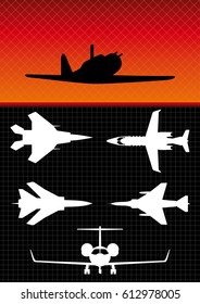 Silhouettes of different types of military aircraft on black background - Vector image