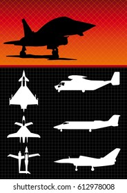 Silhouettes of different types of military aircraft on black background - Vector image