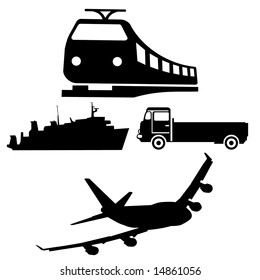 silhouettes of different vehicles boat train truck and plane