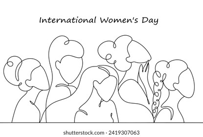 Silhouettes de diferentes mujeres. Día Internacional de la Mujer. Ilustración de la línea del vector. Imágenes producidas sin el uso de ningún tipo de software de IA en cualquier etapa. 