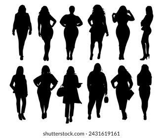 Silhouettes of different women Standing icon set.