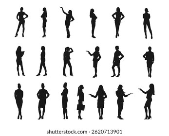 Silhouettes of different women standing icon set. A big set of female silhouettes. Different women in various poses. set of vector Business people silhouettes group.
