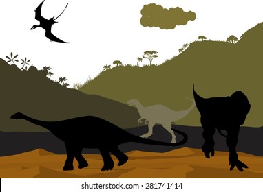 Silhouettes of dinosarus tyrannosaurus and diplodok on yellow ground 