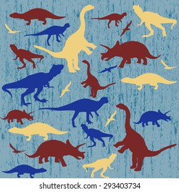 Silhouettes of dinosaur on blue grunge background, vector illustration