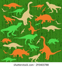 Silhouettes of dinosaur on green grunge background, vector illustration