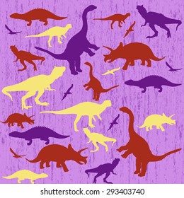 Silhouettes of dinosaur on lila grunge background, vector illustration