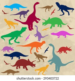 Silhouettes of dinosaur on retro grunge background, vector illustration
