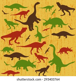 Silhouettes of dinosaur on yellow grunge background, vector illustration