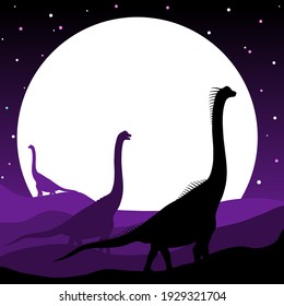 Silhouettes of dinosaurs against the background of the night sky. Vector illustration.