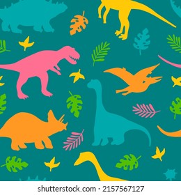 Silhouettes of dinosaurs and tropical plants, childrens colorful print for fabric, postcards. Vector seamless pattern.