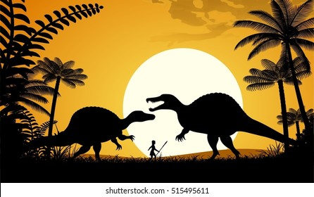 Silhouettes of dinosaurs. Two Spinosaurus on sunset background. Vector illustration.
