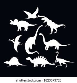 Silhouettes of dinosaurs in white. set, vector illustration