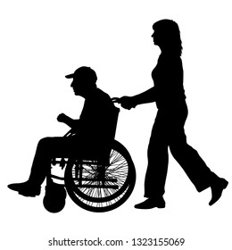 Silhouettes disabled in a wheel chair on a white background
