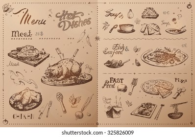 silhouettes dishes for the menu design, in vintage style