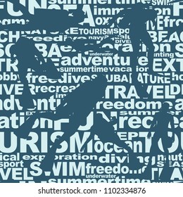 Silhouettes of diver cutout from relative words cloud. Icon diver. The concept of sport diving. Seamless background