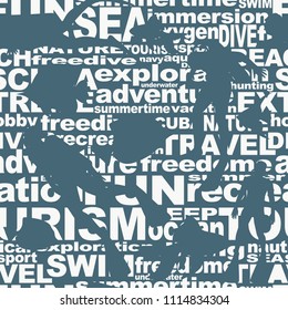 Silhouettes of diver cutout from relative words cloud. Icon diver. The concept of sport diving. Seamless background